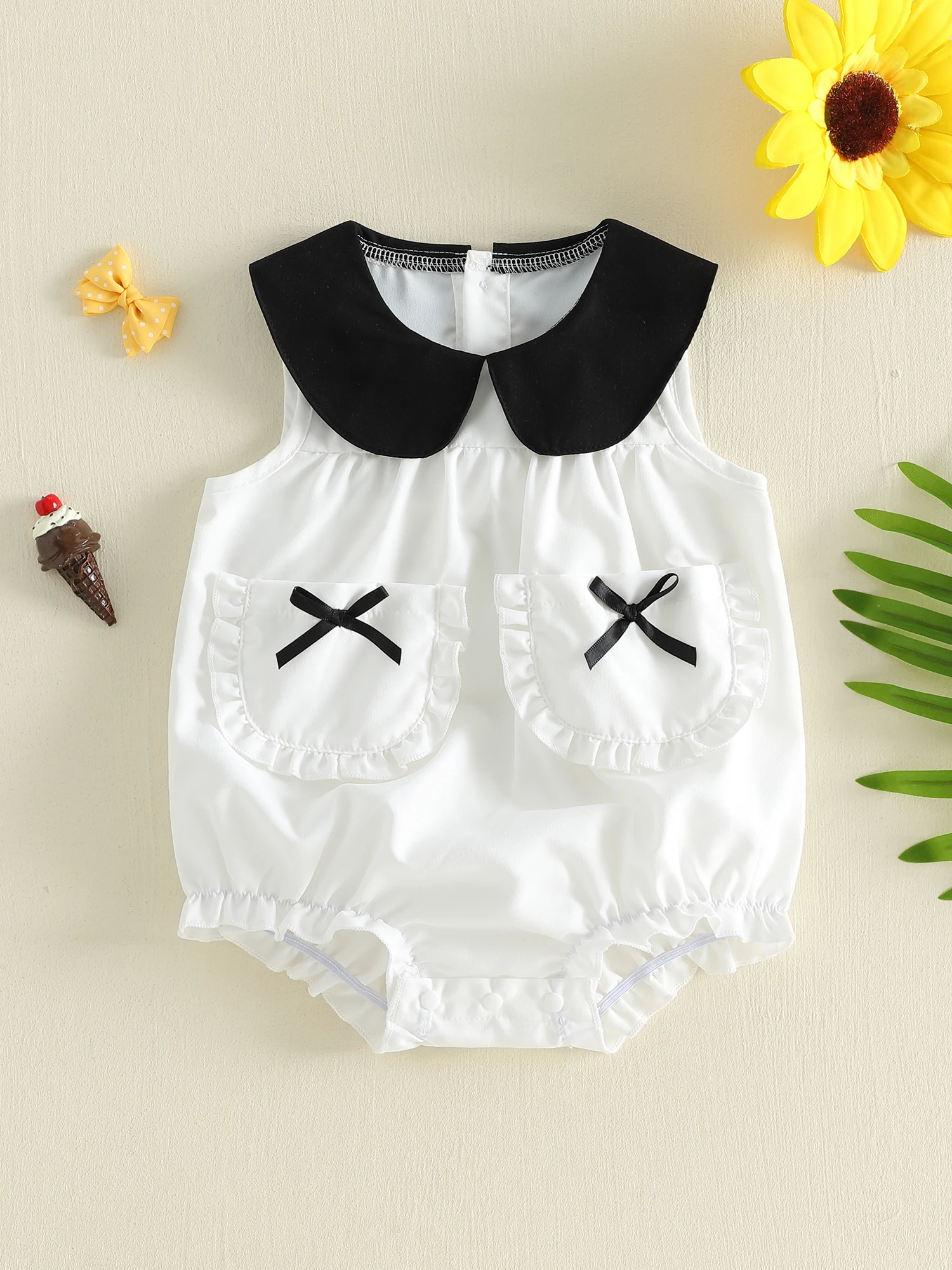 

Cute Toddler Girls Floral Print Romper Sweet Ruffle Detail Sleeveless Jumpsuit with Bow Tie and Doll Collar