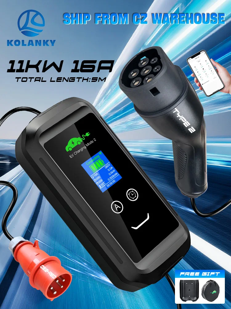 Kolanky Adjust 16A 11KW EV-Ladegerät Typ 2 CEE Roter Stromstecker Heimladestation Tuya App Einstellbare Ladezeit Elektrofahrzeug 5M