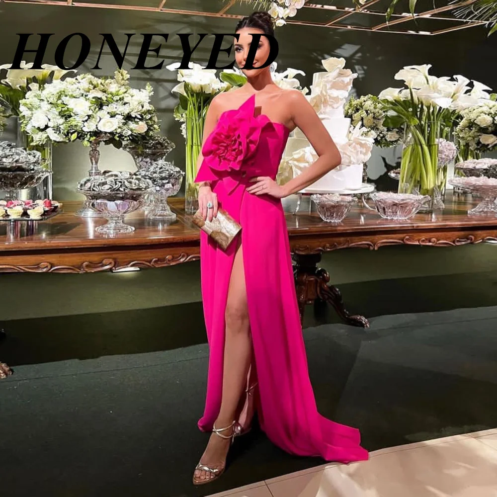 

HONEYED Simple Fuchsia Evening Party Dresses Women Floor-length Formal Event Dress 3D Flowers Front Slit Special Prom Gowns 2024