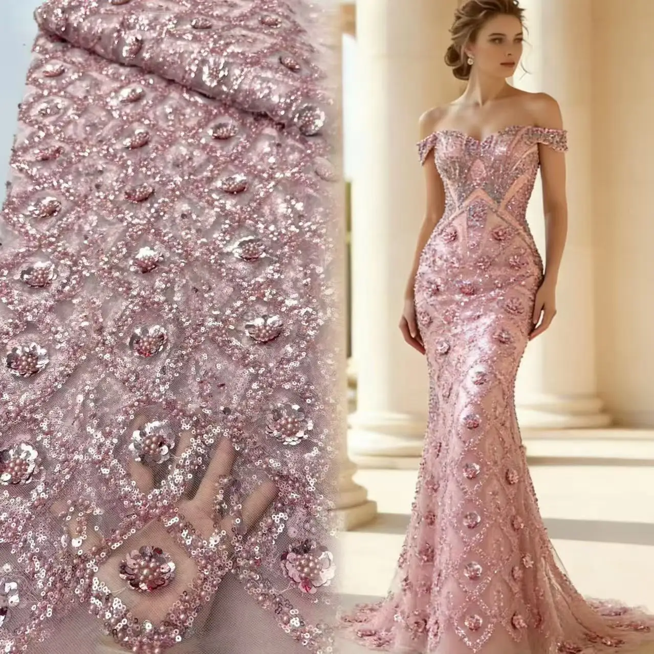 

Pink French Groom Lace Bride Fabric High Quality African Sequins Lace Fabric Nigeria Mesh Wedding Dress for Women Dresses Sewing