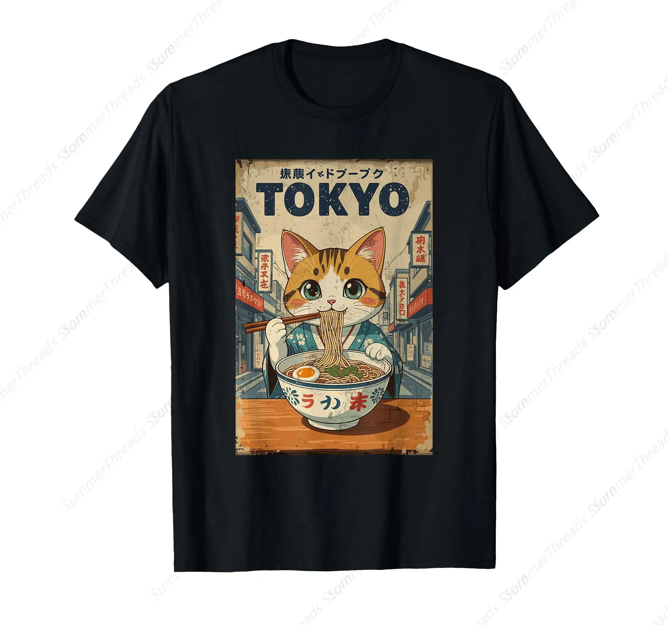 Camiseta Kawaii Cat Eating Ramen Noodles Anime japonés Tokyo Japón