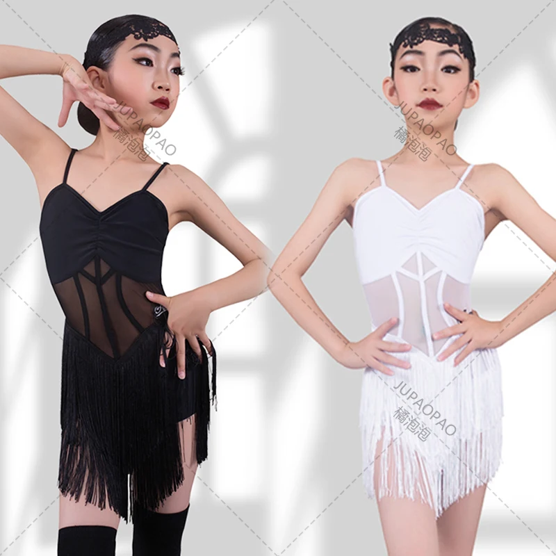 

Kids Latin Dance Dress Girls White Black Fringe Dress Cha Cha Competition Clothing Rumba Samba Dance Training Show Wear