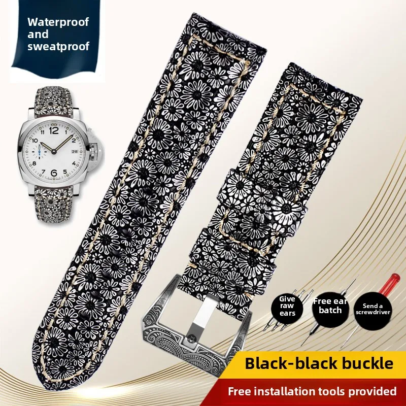 22mm 24mm 26mm For any brand retro flower grain genuine leather Watch band For Panerai Diesel Huawei GT/GT2  men Strap Wristband