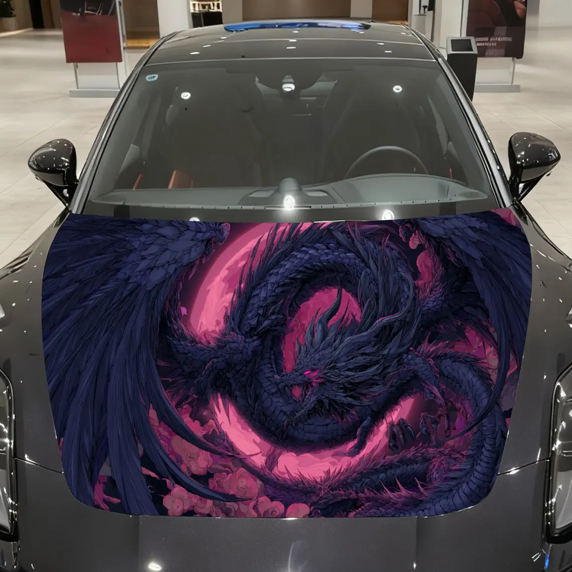 Dark Domain Crimson Moon Dragon Dominates Sky Car Vinyl Wrap, PVC Material Waterproof Car Hood Sticker, Self-Adhesive Scratch-Re