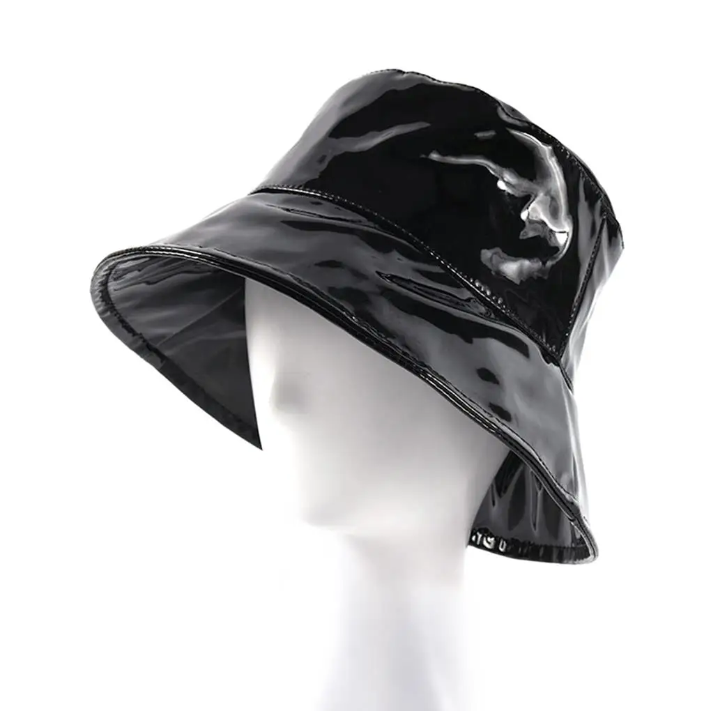 Bucket Hat Waterproof Rain Caps Fashion Black Patent Leather Solid Color Retro Street Hip Hop Fishing Bonnet Beach Party