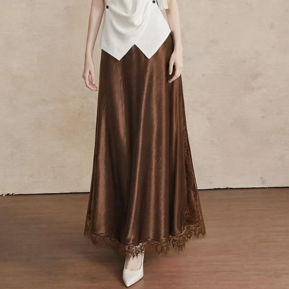 Luxury Lace Patchwork Satin Long Skirts For Women New Spring Summer Fashion Solid Color A-line Elegant Skirt