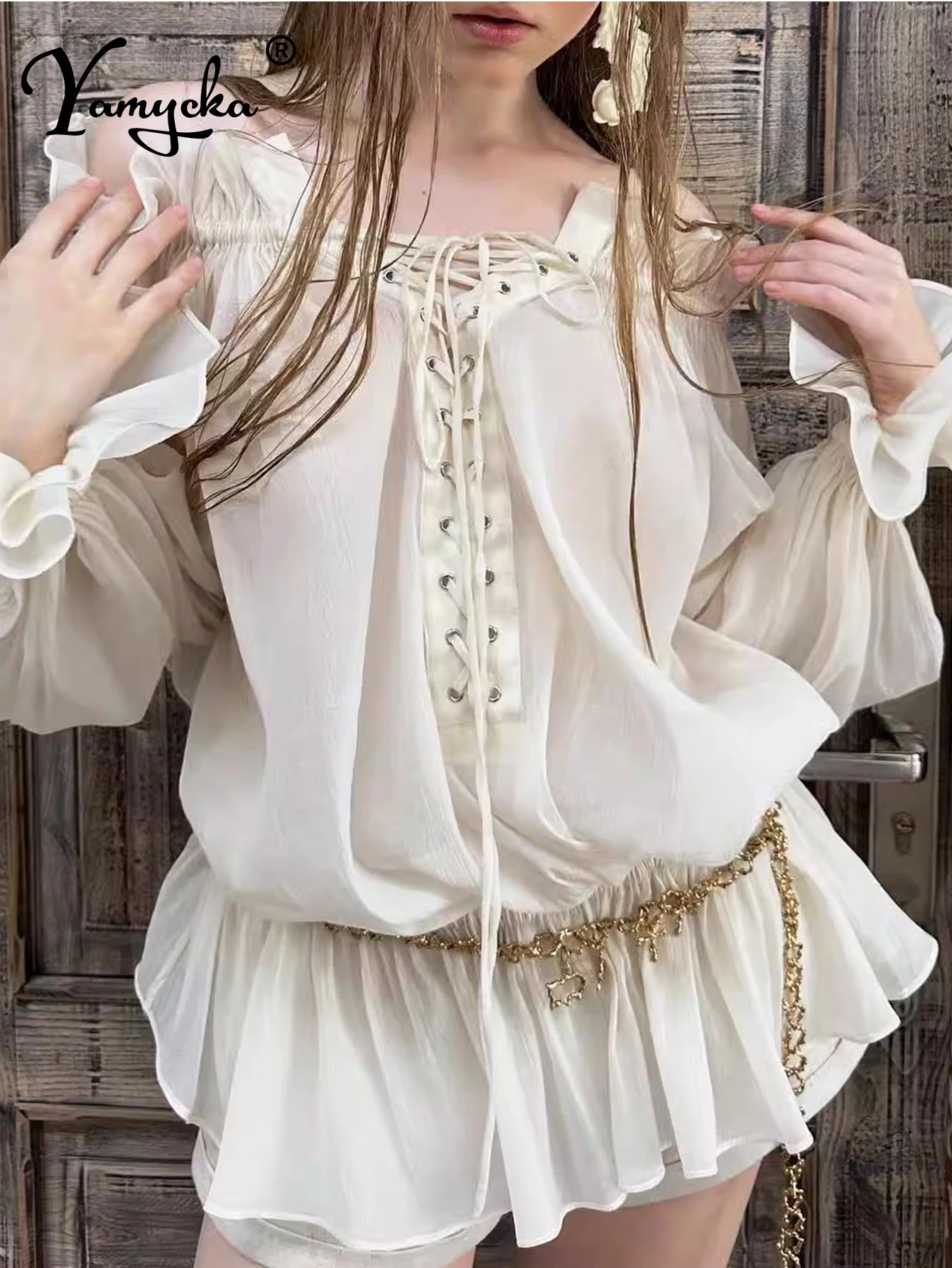 

Sexy ruffles chiffon playsuits women summer shorts romper woman clothes playsuit long sleeve tops casual wide leg pants suits