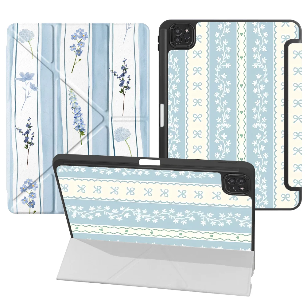 Stripe Flora Collage Print With Pen Slot Cover Tablet Case For iPad 10th Gen 9th 11th Pro M4 13 2025 2026 Air 8 M2 M3 3 12th