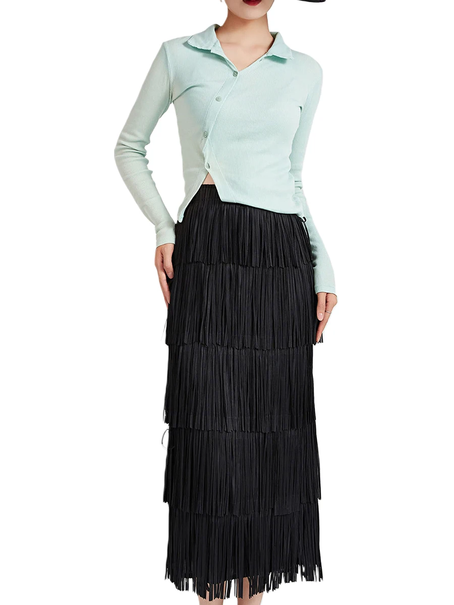 

Women s Solid Color Midi Skirts Tassel Elegant Elastic High Waist Straight Skirts Summer Fashion Casual Pencil Skirt