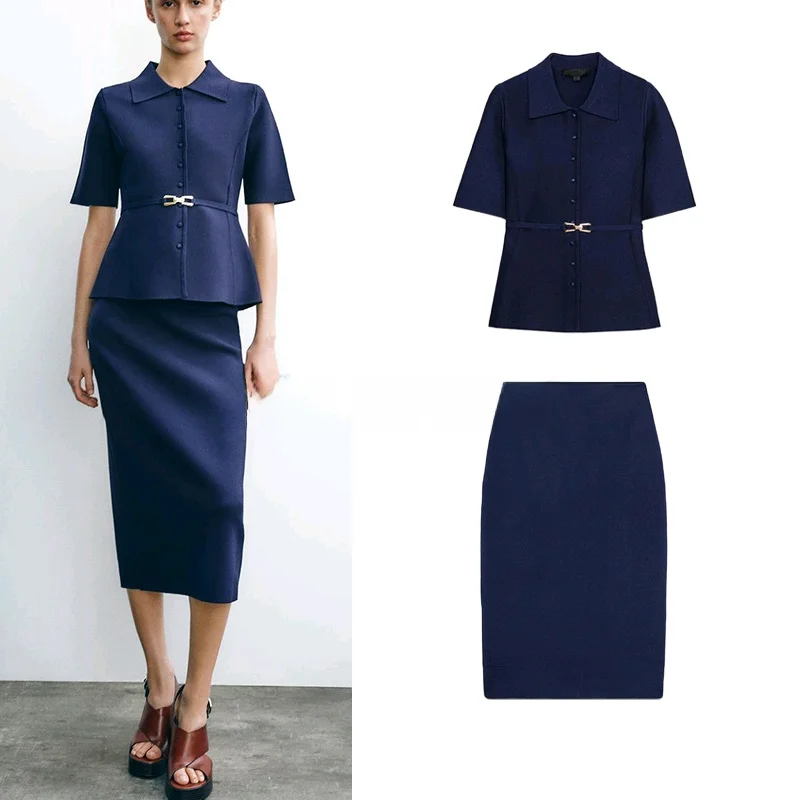 

High Waist Midi Skirt with Belt ort Sve Collar Jaet Outerwear Two Piece Set Long Pants Spring Faion Women's Ens...