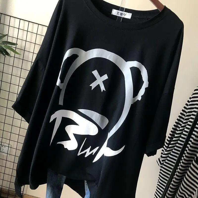 Camisetas holgadas con estampado de dibujos animados para mujer, camiseta de media manga con cuello redondo de gran tamaño, ropa informal de moda de