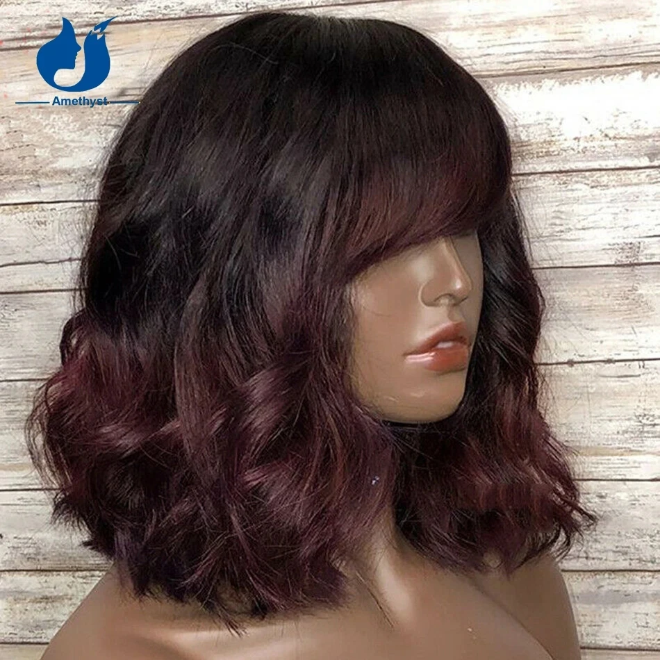 

Amethyst Scalp Top Full Machine Made Ombre 99J Human Hair Bob Wig with Bangs Burgundy Red Wavy Brazilian Fringe Bob Colored