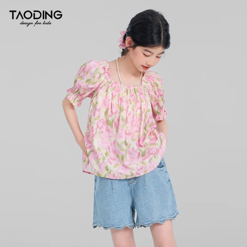 Top Floral para niña, camiseta de manga corta para verano 2024, nuevo estilo coreano, Tops bonitos de moda de flores simples y dulces de alta calidad