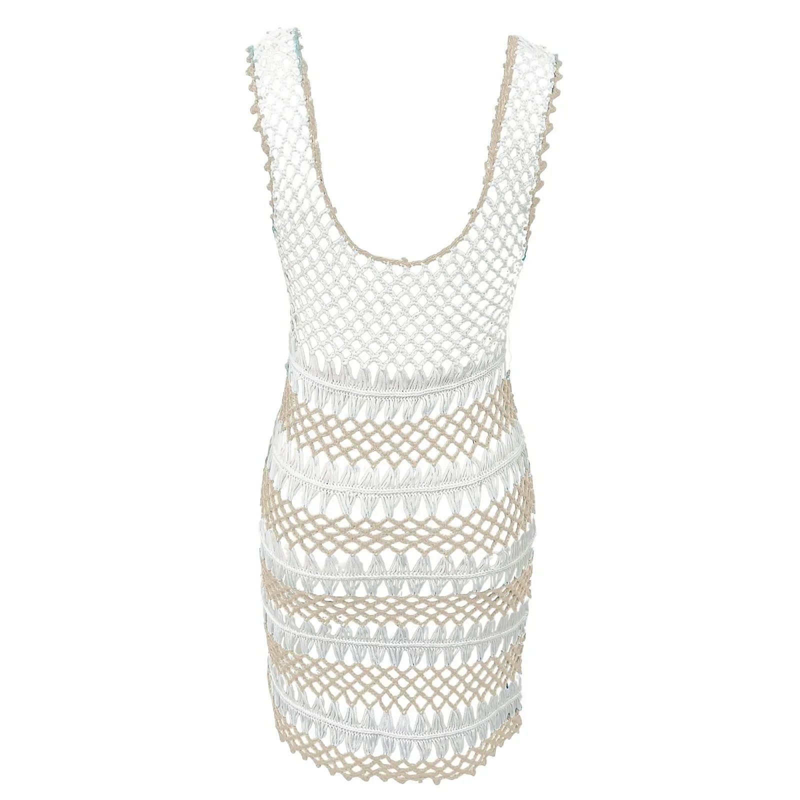 Sommer durchsichtiger, gestrickter, gehäkelter Netzstoff, reine Farbe, tiefer Ausschnitt, einteiliger Badeanzug 2024, Bordüre, Strand-Tunika-Kleid, heiß