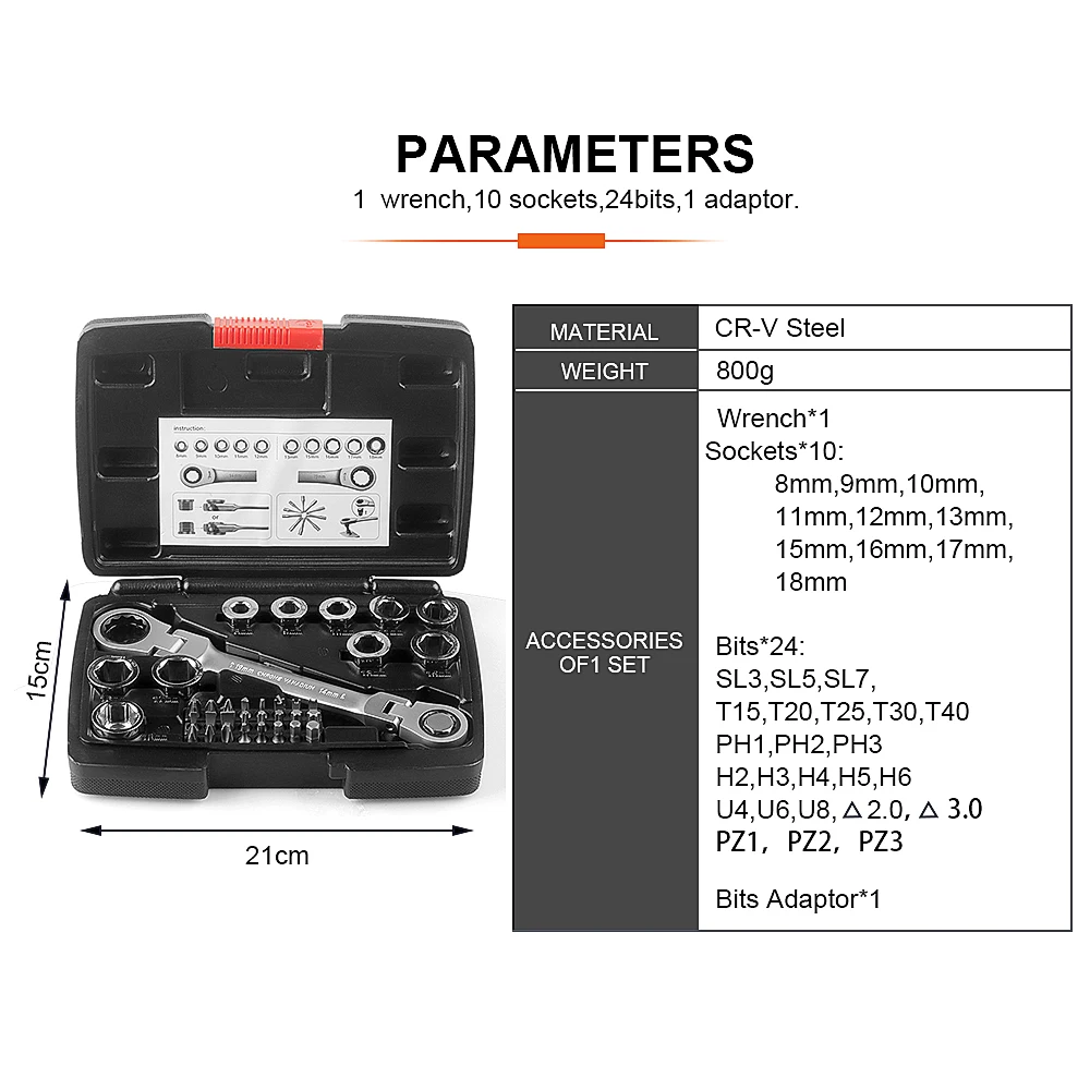 12-in-1 Flex-Head Ratcheting Wrench Set & 24-in-1 Screwdriver Set, Double Box End Wrench 8-19mm,1/4\