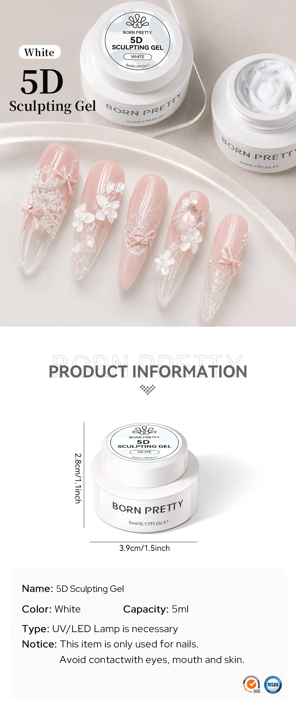 BORN PRETTY 5ml Weißes 5D Modelliergel Klar Perlweiß Nicht-Klebend Anti-Absacken Hohe Plastizität Für Nagelmodellierung Schnitzerei DIY – Detail 1