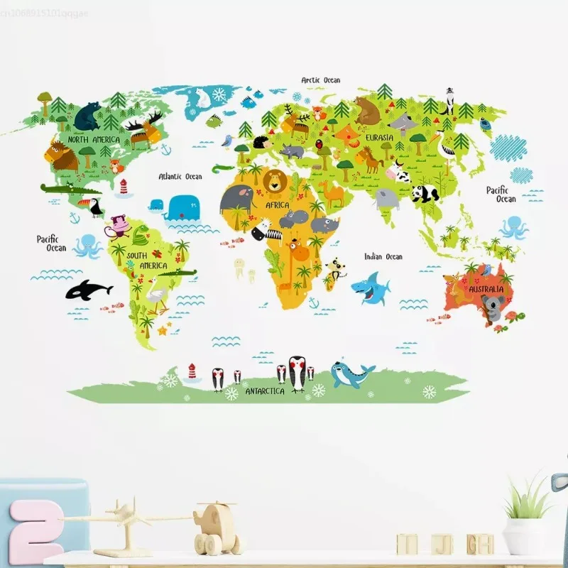 Cartoon World Map PVC DIY Self Adhesive Vinyl Wall Stickers Bedroom Home Decor for Children Room Decoration Art Wall Decal Mural