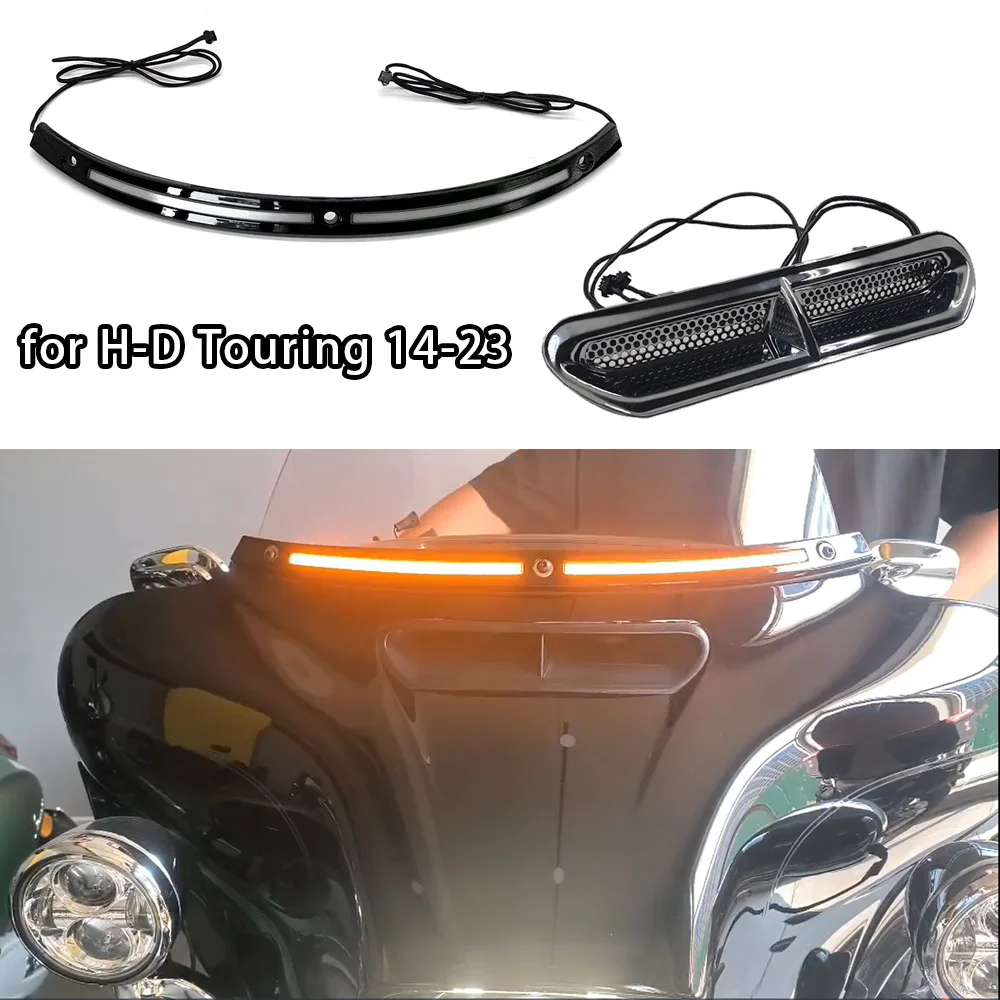 Motorcycle Chrome Windshield Light and Vent Trim Turn Signal Light with Gentle Amber Flow Light for H-D Touring 2014-2023