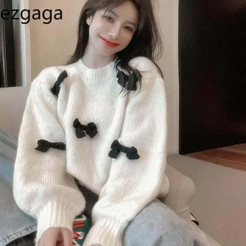 Ezgaga Sweet Sweater Pullover Women Autumn Winter Loose Bow Outwear Knitted Tops O Neck Warm Female Jumper Casual Fashion