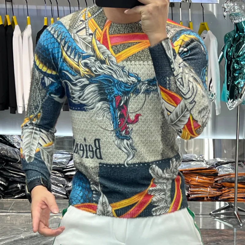 Colorful Animal Dragon Print Personalized Digital Three Dimensional Printing Pattern Knitted Sweater Men  Warm Keeping Pullover