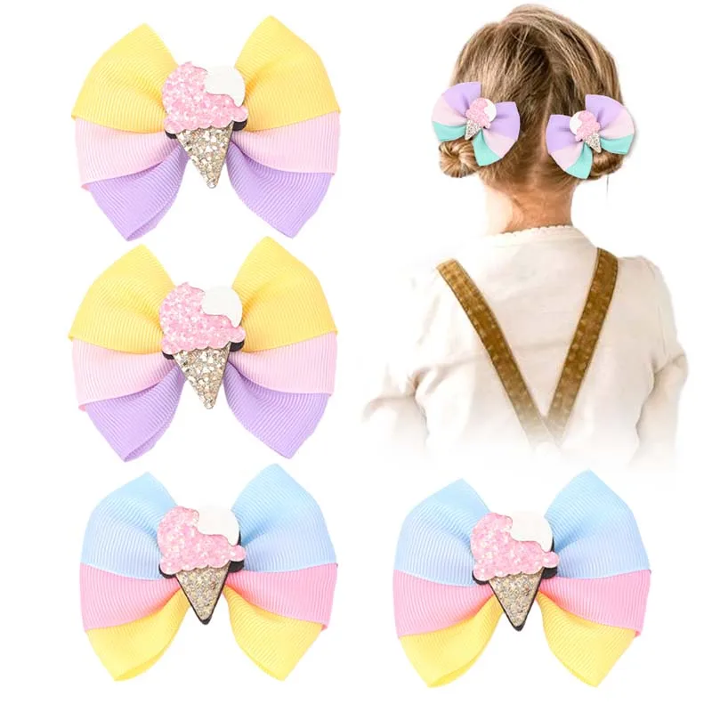 ncmama 2Pcs/set Glitter Hair Bows Clip For Girls Solid Ribbon Bow with Alligator Barrettes Kids Side Clips Baby Hair Accessories