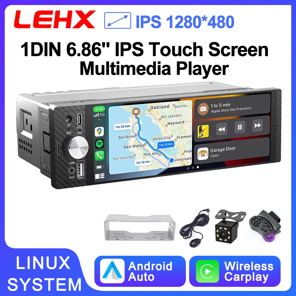 LEHX Radio de coche Android inalámbrico de 6,86 pulgadas 1 Din, AutoRadio multimedia MP5 para Apple CarPlay, navegación 1Din, Siri universal, BT, SWC, FM, MIC, AUX, USB, conector tipo C