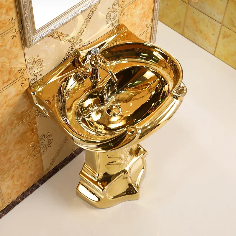 

ZXQEuropean Relief Art Column Basin Bar Floor-standing Balcony Ceramic Gold Washbasin