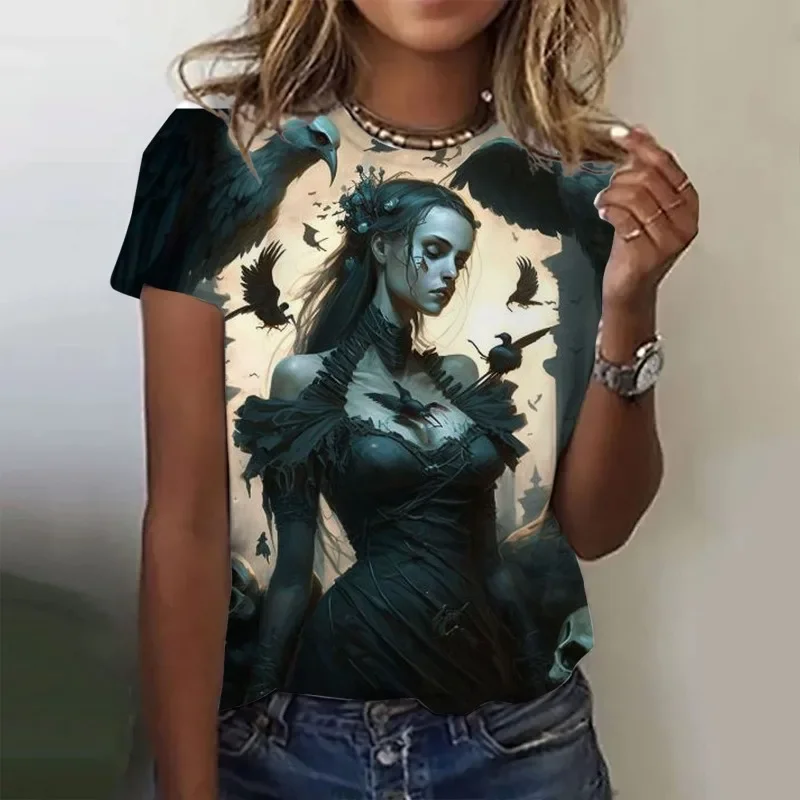 Skull Pattern Women T-shirt for Girl Oversized Haikyuu Graphic T-shirt Sexy Girl Clothes Horror Undead Graphic Short Sleeve Tops