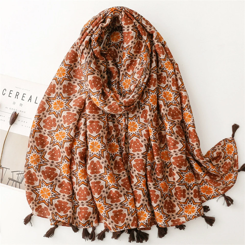 2023 Fashion Cotton Women Vintage Floral Pattern Tassel Shimmer Scarves Shawls Long Beach Flower Wrap Hijab Free Shipping