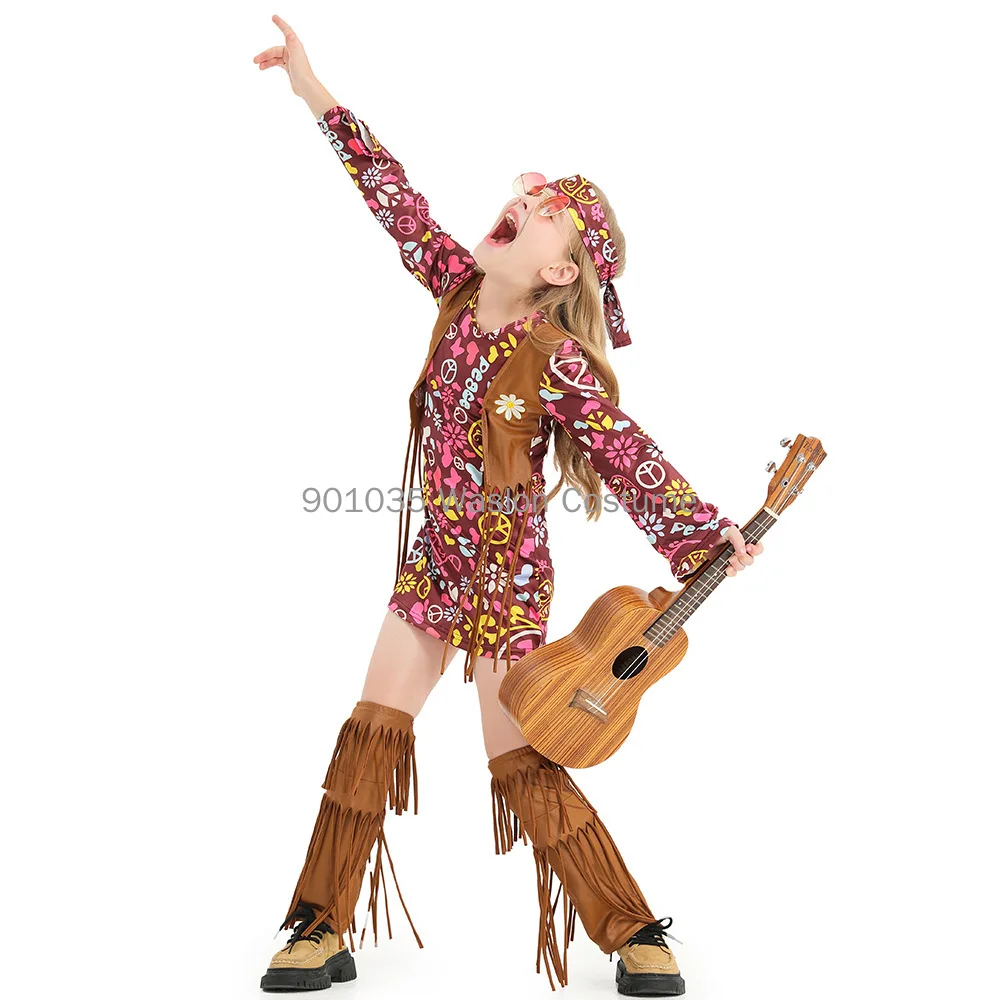 Baby Kid Girls Peace Love Hippie Costume Halloween Cosplay Dress Party Outfit For Hippy Girls S-XL Headwear +Dress+ Bootcover