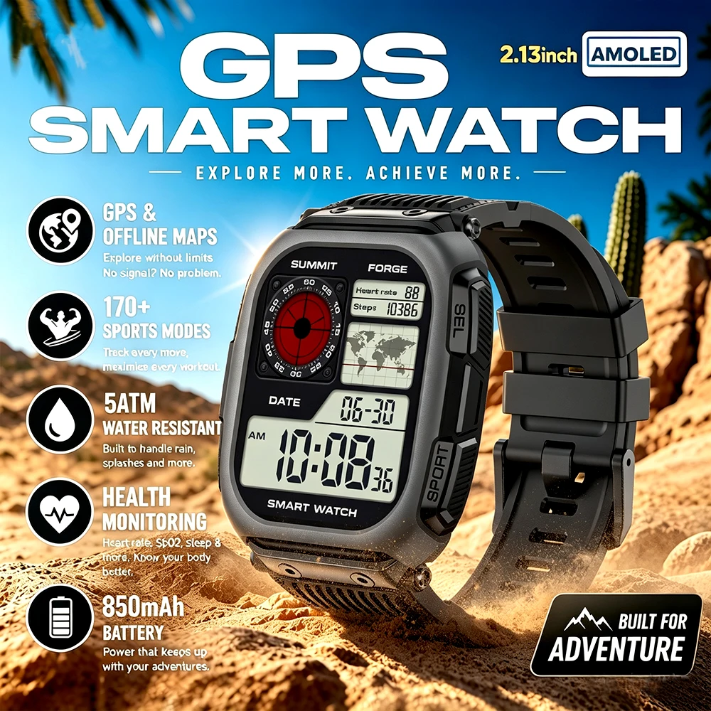 New SmartWatch for Men GPS Tracker 850mAh Battery 5ATM Heart Rate 170+ Sports Flashlight 2.13-inch AMOLED Screen Smartwatches