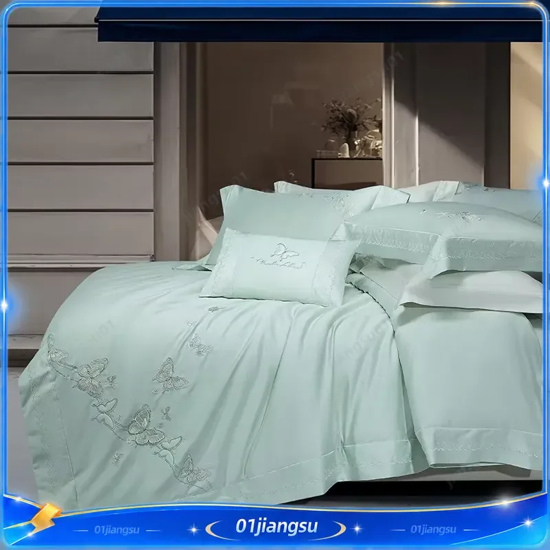 Luxury Butterfly Embroidery Bedding Set 1000TC Egyptian Cotton Duvet Cover Fitted Sheet Pillowcases 4Pcs Premium Soft Home