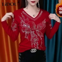 Autumn Winter New Floral Printing Fashion Long Sleeve T-Shirts Women Casual High Street Plus Velvet Diamonds Elegant Pullovers