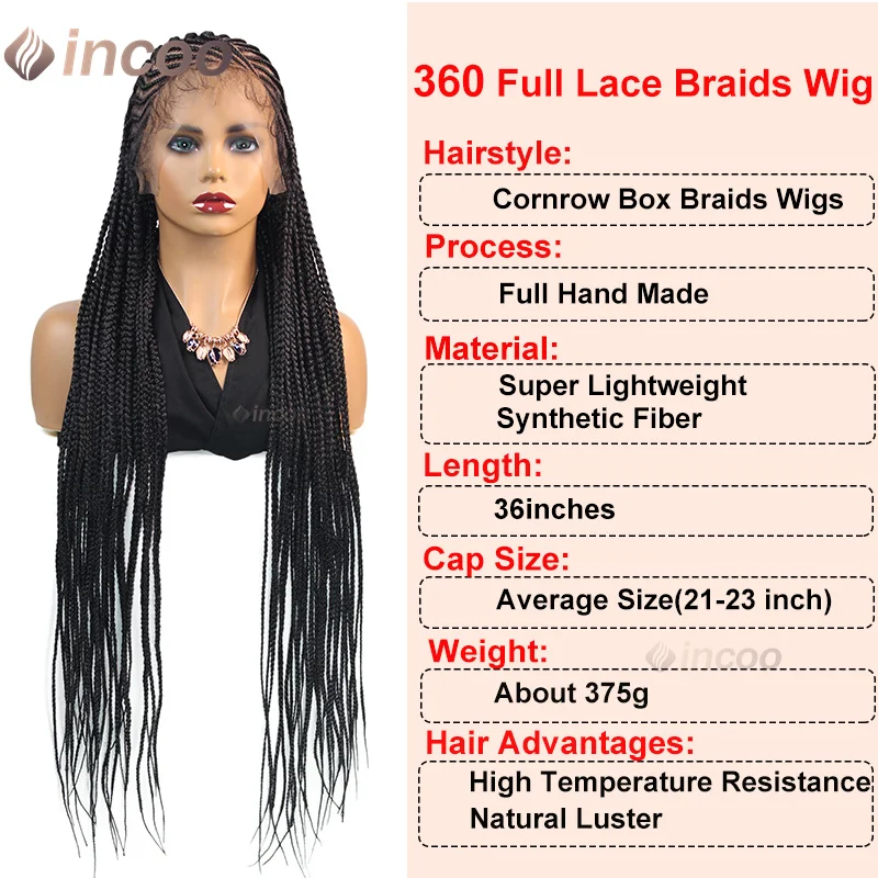 36" Cornrow Box geflochtene Perücken synthetische Vollspitze-Front-Perücken für Frauen knotenlose Zöpfe Perücke mit Babyhaar handgemachte Flechtperücke