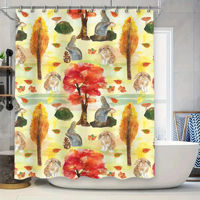 Vivid Fall Forest Animal Print Shower Curtain Rabbit, Maple Leaf Mushroom Design for Bathroom Decor