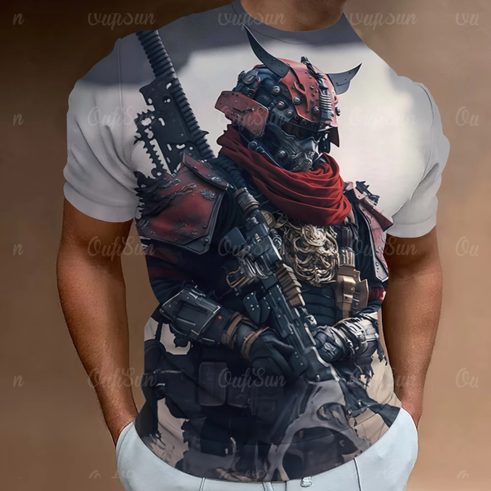 Retro Men's T-Shirt 3d Mecha Warrior Print Short Sleeve T-Shirt For Men Fashion Casual Quick Dry Man Clothes Loose Oversized Tee