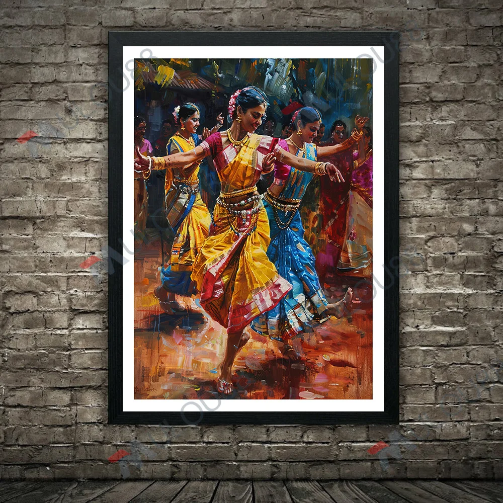 Traditional Indian Dance Art Poster And Print,Tamil Nadu Folk Dance, South India Cultural Artwork Canvas Painting Home Decor
