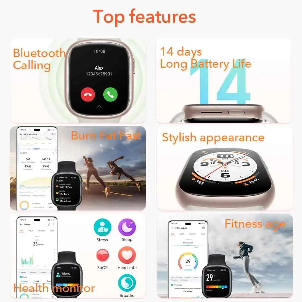 النسخة العالمية HONOR Watch 4 شاشة AMOLED مقاس 1.75 بوصة وبطارية 14 يومًا ومراقبة الصحة الشاملة للاتصال بالبلوتوث