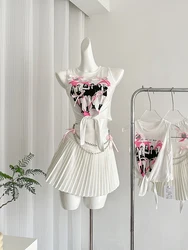 Summer Women Vacation Gyaru Coquette 2000s Rave Y2k Hot Outfits 2 Piece Set Bow Kpop Punk Graphic Tank Tops + Mini Pleated Skirt