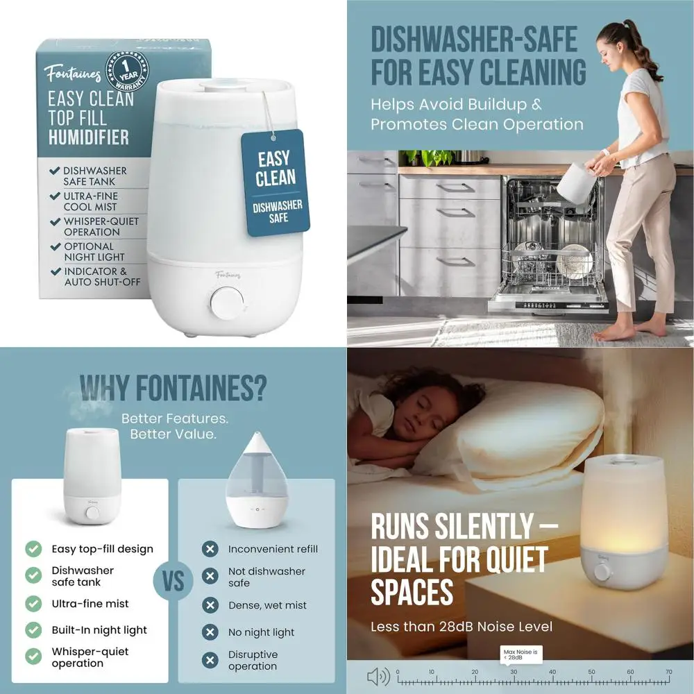 

Увлажнитель воздуха с функцией охлаждающего тумана Top-Fill - 360 ° Мелкодисперсное распыление, бесшумная работа, можно мыть в посудомоечной машине, ночник, автоматическое отключение, легко чистить, для дома