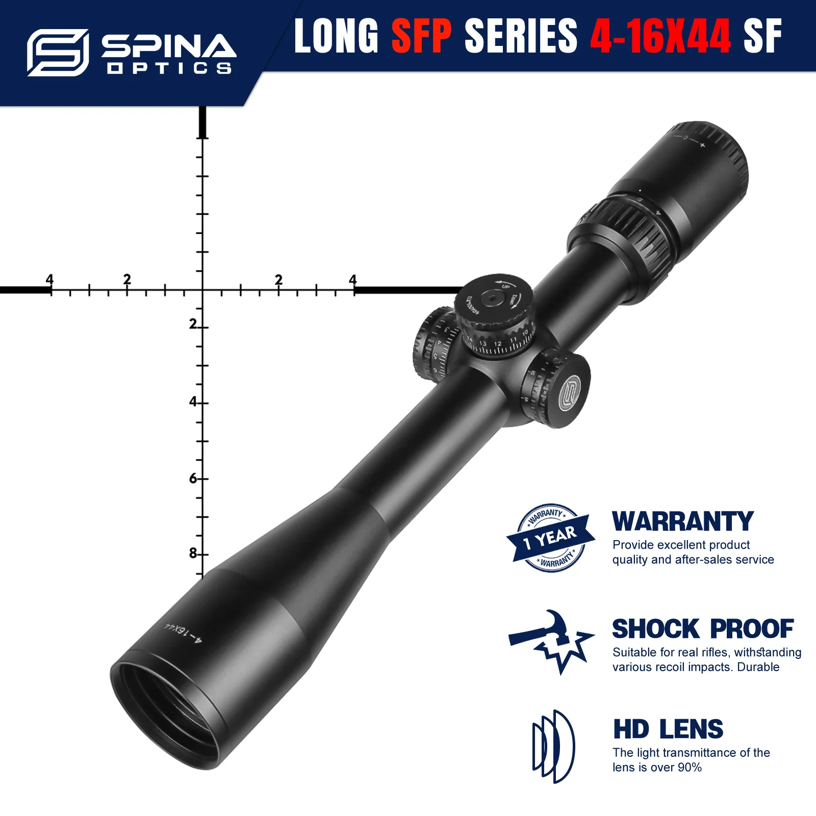 SPINA OPTICS HD 4-16x44 Long Eye Relief Hunting Tactical BDC Etched Glass Reticle Side Parallax Riflescope Sight .5.56.308etc