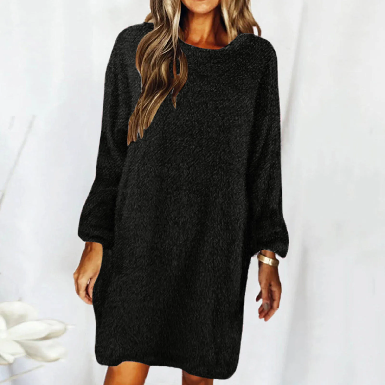 

Women'S New Autumn And Winter Dress Solid Color Round Neck Long Sleeve Jumper Loose Plush Mid-Length Dress Casual Thermal Dress