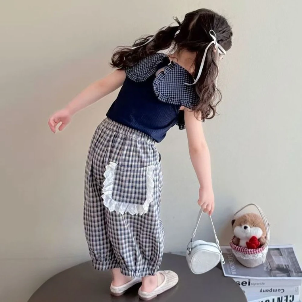 Корейская версия, модный клетчатый костюм с воротником, топ без рукавов и брюки-фонарики с карманами, комплект из двух предметов для одежды для девочек