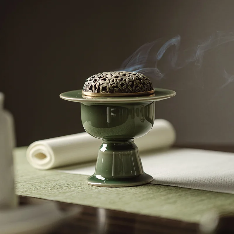 Yueyao Longquan Celadon Incense Burner with Solid Copper Coil Incense Burner for Calming Mind Large Agarwood Incense Ornament