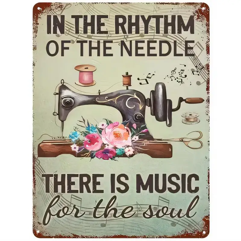 Vintage Sewing Machine Music Floral Metal Tin Sign - Retro Iron Wall Art (Rustic Design) for Sewing Room, Home Decor & Craft Stu