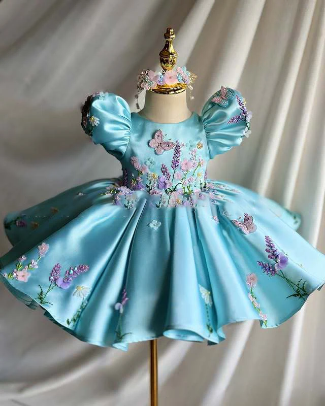 Light luxury elegant embroidered handmade dress satin baby birthday celebration gift 1-8 year old baby girl Christmas dress