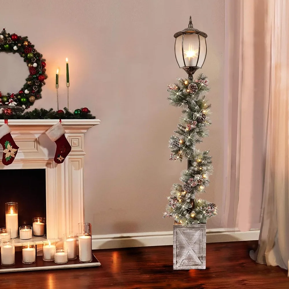 7-foot Pre Lit Christmas Lamp Post with Decorative Floral Wreath and 50 Pieces of Fabric, Warm White LED Lights, Multiple Colors