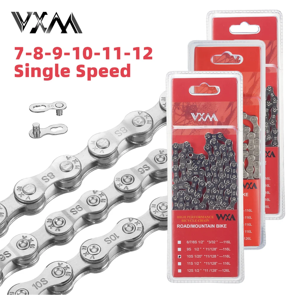 

VXM Bicycle Chain 116L 8 9 10 11 12 Single Speed Silver Ultralight,Variable,For Mountain Road Bike 24/27/30