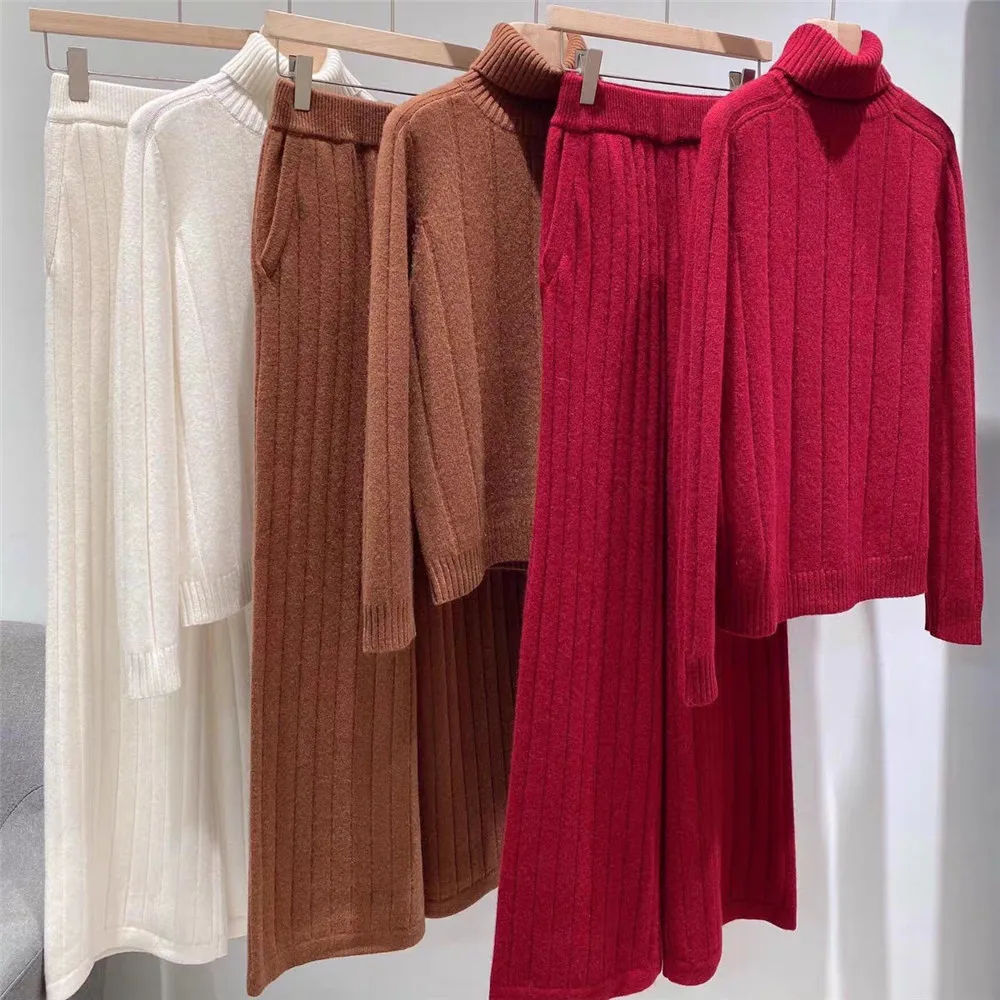 Women New 100% Cashmere Knit Set Turtleneck Sweater And Elasticated Waist Wide Leg Pants Two Piece Sef