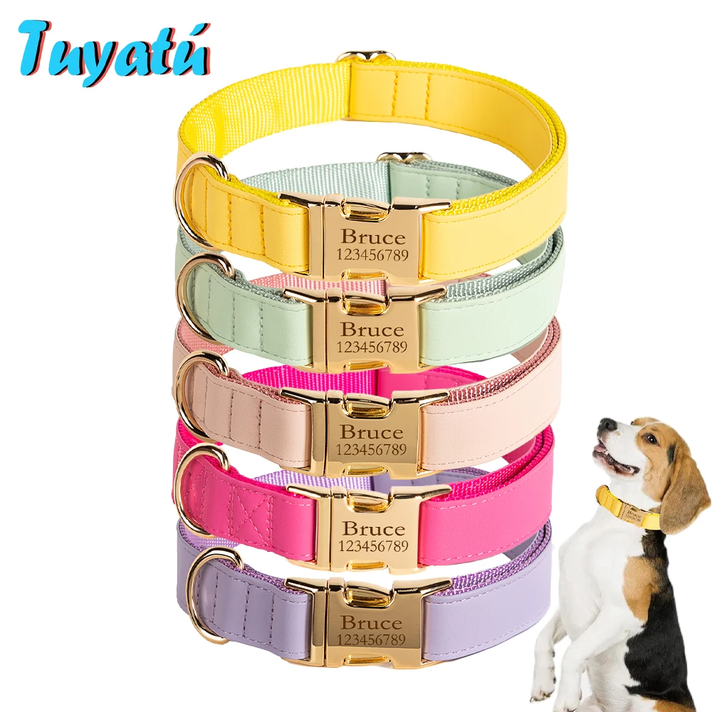 Custom Dog Nylon Collar Macaron color with metal buckle Free Engraved Nameplate ID Tag For Small Medium Large Dogs Pitbull Pug